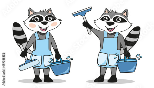 isolated vector graphic illustration of raccoons as window cleaners with water in water buckets, aprons and wipers for cleaning