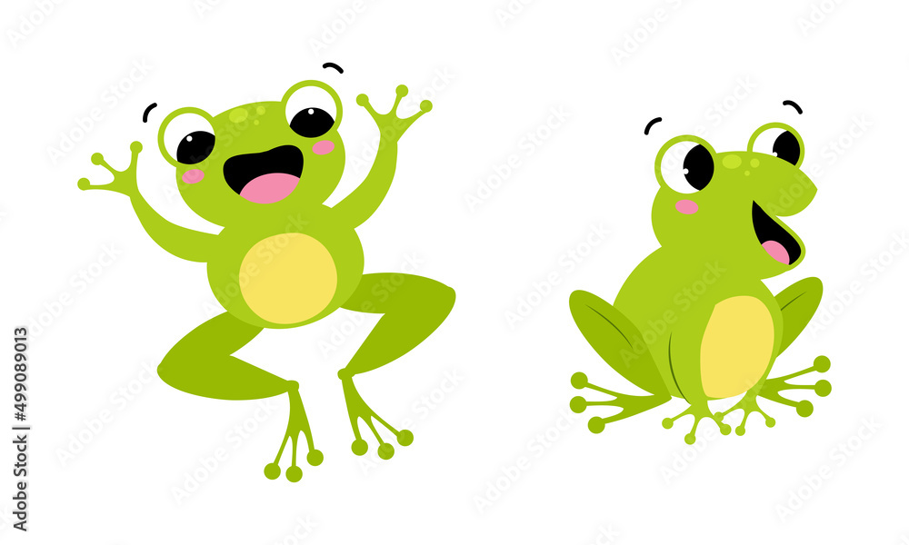 Cute happy green baby frog with funny face expression set cartoon vector  illustration Stock Vector | Adobe Stock
