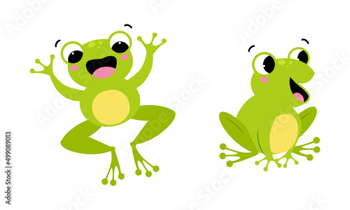 Cute happy green baby frog with funny face expression set cartoon vector illustration