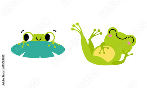 Cute little green baby frog swimming and lying set cartoon vector illustration
