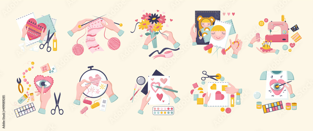 Hands create crafts, embroidery needlework. Hobbies handmade art, hand drawing, knitting and embroidery, creative crafts. Set of top view vectors, cartoon decor. Vector illustration