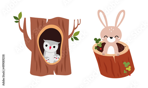 Cute animals in burrows and tree hollows set. Owl with owlets sitting in hollow, little hare peeking out of hole cartoon vector illustration