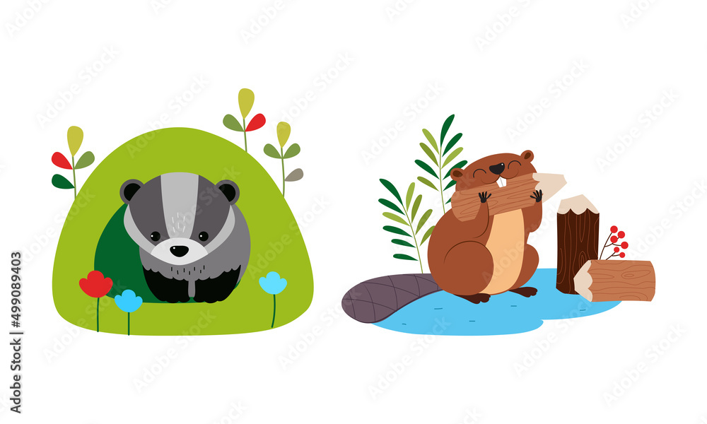 Cute badger sitting in burrow and beaver chewing wood cartoon vector illustration Cute badger sitting in burrow and beaver chewing wood cartoon vector illustration
