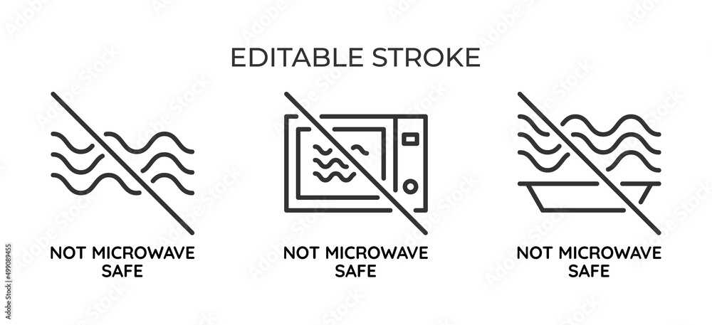 Not microwave safe symbol. For packaging or labeling, the suitability of the cookware for heating and cooking. Set of linear icons. Vector illustration. - obrazy, fototapety, plakaty 