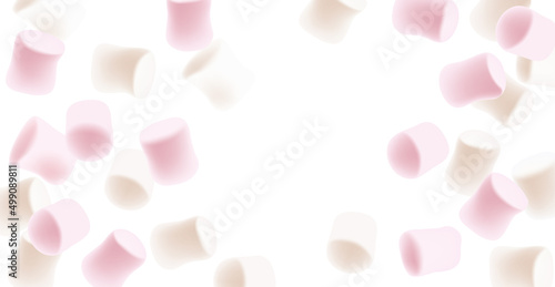 Marshmallow background with free space. Tasty white and pink marshmallows isolated on white background.