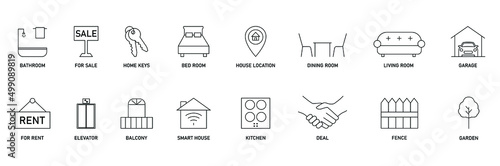 real estate icon set vector illustration bathroom, sale, keys, bedroom, house location, dining room, living room, garage, rent, elevator, balcony, fence, garden, kitchen, smart house