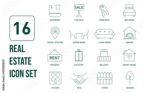 real estate icon set vector illustration bathroom, sale, keys, bedroom, house location, dining room, living room, garage, rent, elevator, balcony, fence, garden, kitchen, smart house