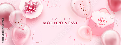 Mother's day greeting banner with realistic balloons and envelope