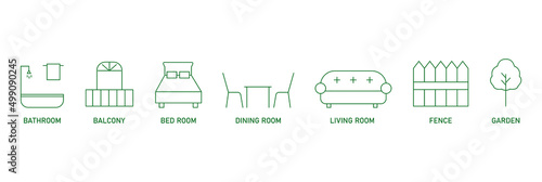 real estate icon set bathroom, balcony, bedroom, dining room, living room, fence, garden vector illustration 