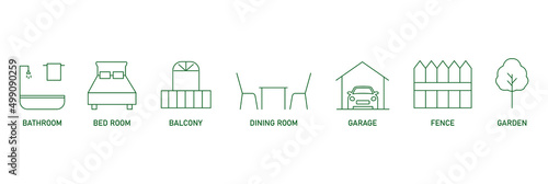 real estate icon set bathroom, bedroom, balcony, dining room, garage, fence, garden 