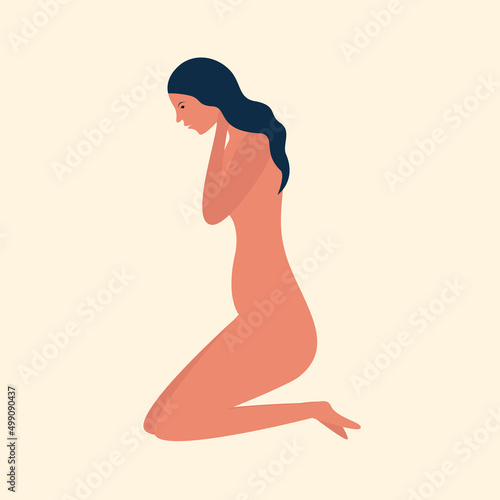 Poster to protect women from violence. Flat vector illustration. Lonely beautiful girl is crying. beautiful human body. Fight for equality. international day for the elimination of violence 