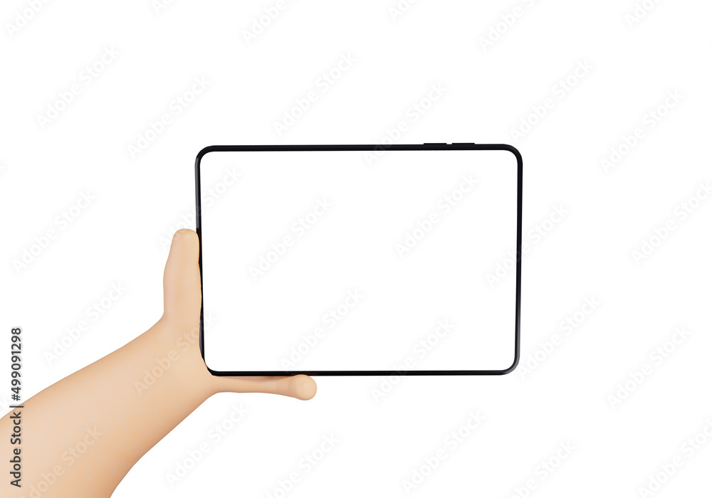 Cartoon character using tablet high quality mock-up 3D style illustration. Hands holding gadget. Cartoon character using tablet high quality mock-up 3D style illustration. Hands holding gadget.