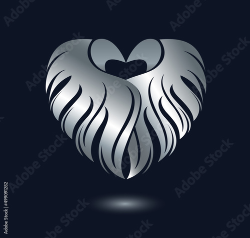 Valentine`s Day greeting card with heart and wings. Silver bird feather icon. Decorative design element isolated on black background. Vector luxury illustration