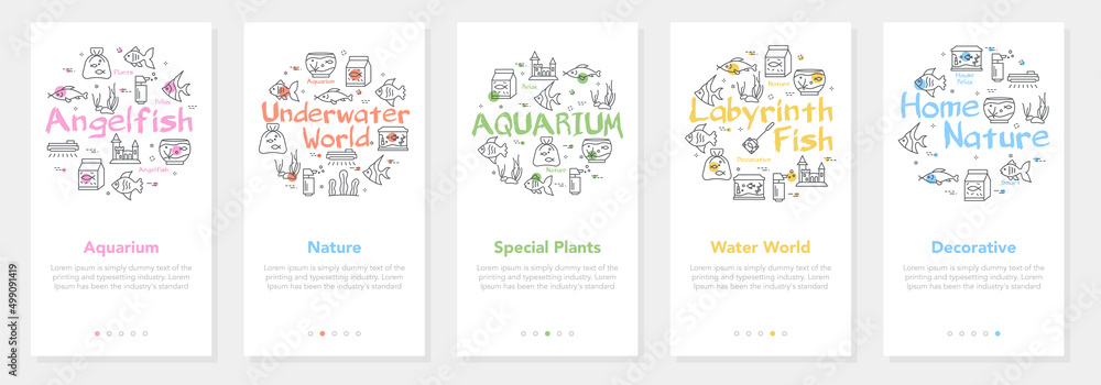 Set of water world vertical banners. Aqua world banner design. Fish and marine life vector illustration. Collection of fish life white vertical banners