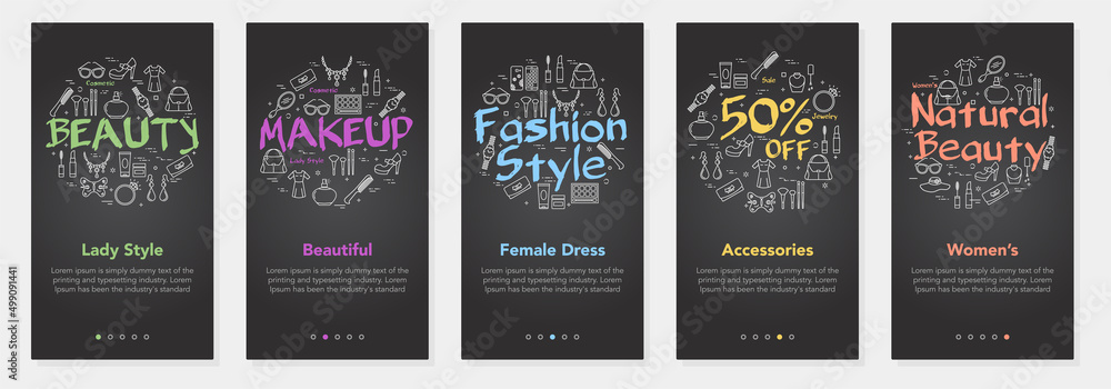 Womans fashion vertical black banners collection with linear vector illustrations and colorful typography Womans fashion vertical black banners collection with linear vector illustrations and colorful typography