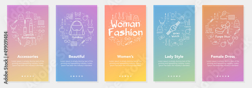 Womans fashion vertical color gradients banners collection with linear vector illustrations and colorful typography