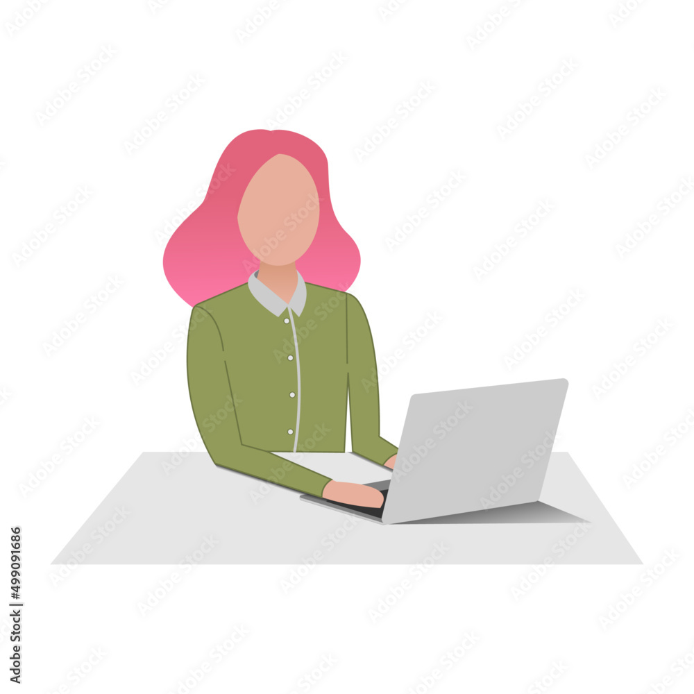 Business person working on laptop. Office worker, busy business woman or freelancer working on laptop sitting at table workplace thinking of task. Freelance outsourced employee. Business person working on laptop. Office worker, busy business woman or freelancer working on laptop sitting at table workplace thinking of task. Freelance outsourced employee.