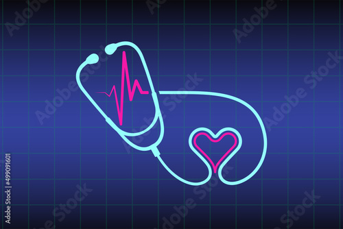 Abstract stethoscope design, pink heart, ekg line illustration background. Healthcare background to use in health industry, cardiology, medical care, hospital, health science projects. 