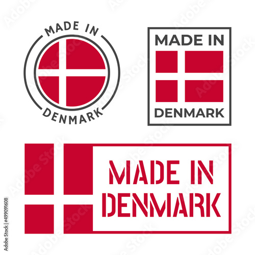 made in Denmark labels set, made in Kingdom of Denmark product emblem