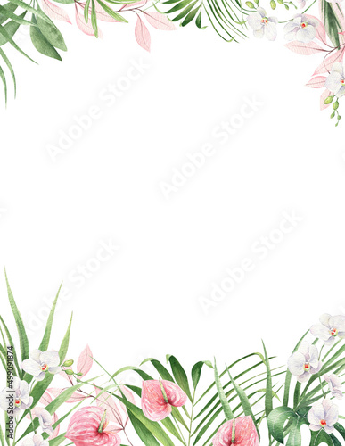 Watercolor floral tropical frame with exotic flowers and palm leaves in summer style. Beautiful jungle foliage border on white background. Hand drawn template illustration for wedding designs, invit