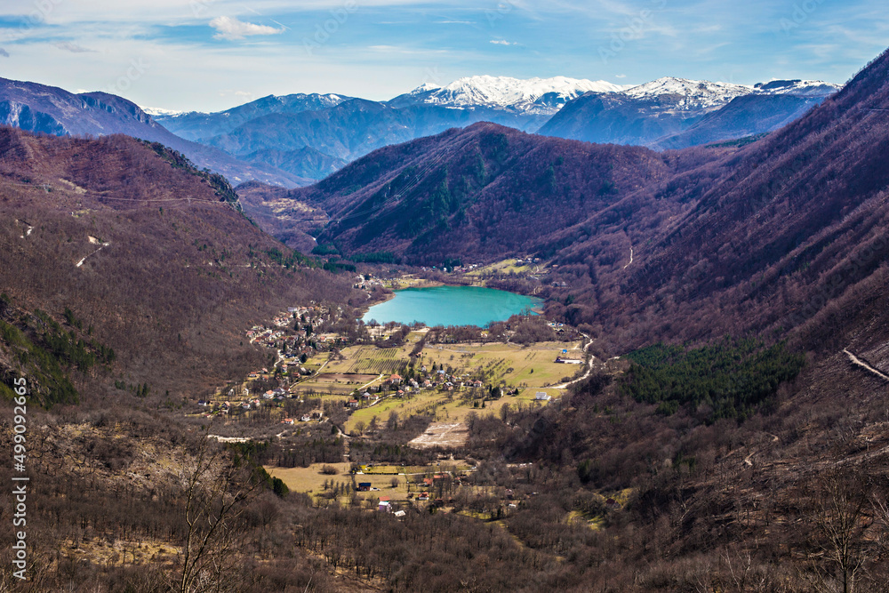 Spectacular view of Boracko lake (jezero) with turquoise water and mountains around in a picturesque valley not far from Konjic city, Bosnia and Herzegovina