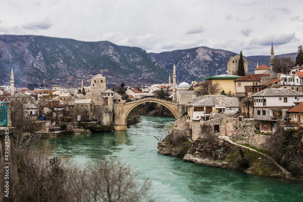 Beautiful view of Old Bridge and historical town Mostar, Unesco World Heritage Site, Mostar, Bosnia and Herzegovina