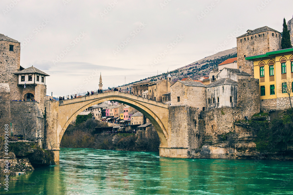 Beautiful view of Old Bridge and historical town Mostar, Unesco World Heritage Site, Mostar, Bosnia and Herzegovina