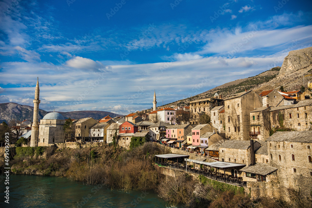 Beautiful view of old historical town Mostar with stone houses and mosque minaret, Unesco World Heritage Site, Mostar, Bosnia and Herzegovina