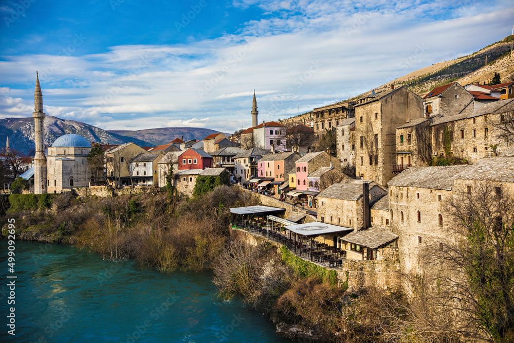 Beautiful view of old historical town Mostar with stone houses and mosque minaret, Unesco World Heritage Site, Mostar, Bosnia and Herzegovina