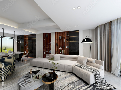 3D rendering, spacious living room design of modern residence, with sofa, tea table, decorative painting, etc