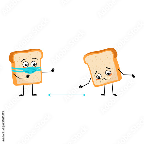 Cute bread character with face in medical mask keep distance, arms and legs. Baking person, homemade pastry with care expression. Vector flat illustration