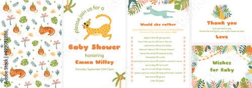 Baby shower tropical templates set. Jungle baby shower card collection. Tropical baby shower game. Baby jungle birthday invitatation.