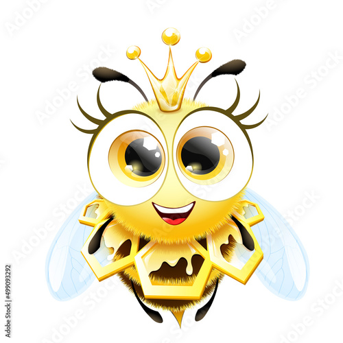 Cute funny cartoon fluffy bee  queen character with crown.