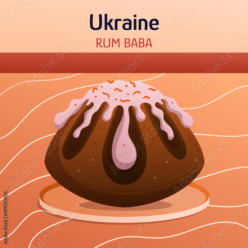 Ukrainian ethnic cuisine composition with rum baba cake. Traditional confectionery dessert. Concept flat hand drawn vector illustration. Food dishes art.