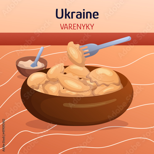 Ukrainian ethnic cuisine composition with dumplings varenyky , bowl of sour cream. Concept flat hand drawn vector illustration. Food dishes art.