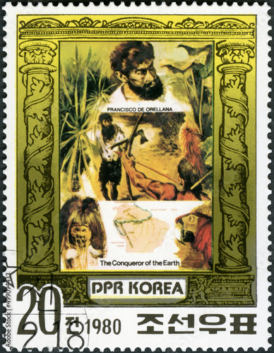 NORTH KOREA - 1980: shows Francisco de Orellana Bejarano Pizarro y Torres de Altamirano (1511-1546), Explorers, Conquerors of the Earth, 1980 photo