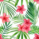 Tropical plumeria flowers and palm leaves, watercolor botanical illustration. Exotic seamless patterns.