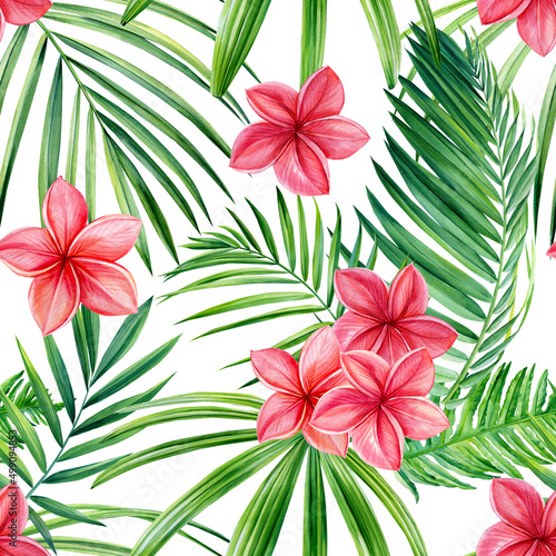 Tropical plumeria flowers and palm leaves  watercolor botanical illustration. Exotic seamless patterns.