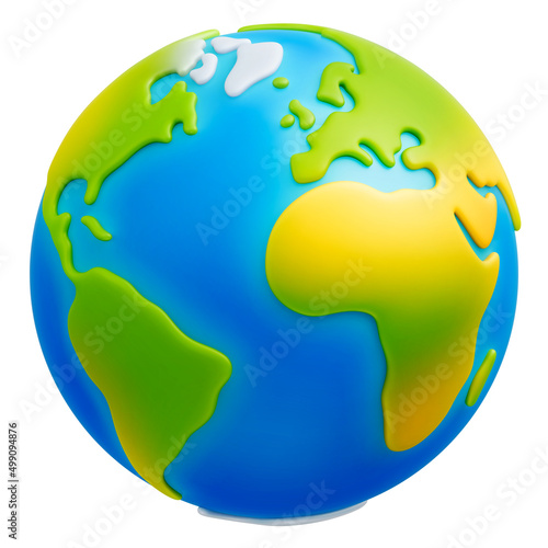 Cartoon stylized planet Earth with simple physical surface texture. Earth planet 3d vector icon on white background for Earth day or environment conservation concept.  Save green planet concept