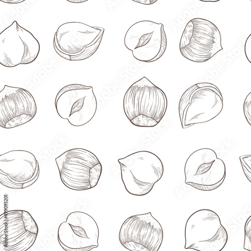 Seamless hazelnut pattern with several fruit nuts and kernels in sketch style. Brown background for packing hazelnut or chocolate, nut paste