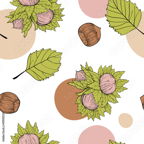 Seamless pattern hazelnut many fruit nuts and kernels, leaves in sketch style. Background with bright spots for packing hazelnut or chocolate, nut paste