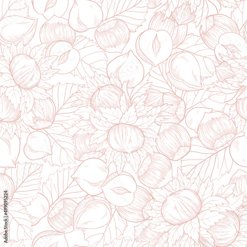 Seamless pattern Hazelnut many fruit nuts and kernels in sketch style. Pale pink background for packing hazelnut or chocolate, nut paste