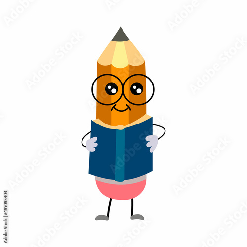 Happy cartoon pencils with a book and glasses. The humanized funny pencil is smiling. vector illustration