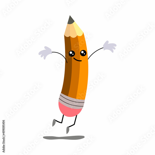 A happy cartoon pencil jumps up and rejoices. The humanized funny pencil is smiling. vector illustration