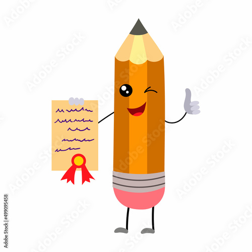 A happy cartoon pencil stands with a letter in his hands. The humanized funny pencil is smiling. vector illustration