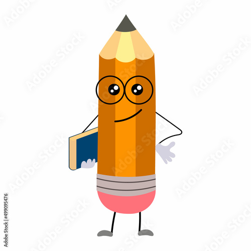 A happy cartoon pencil stands with a book and glasses. The humanized funny pencil is smiling. vector illustration