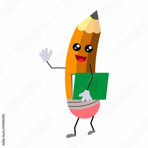 Happy cartoon pencil with a notebook in his hands. The humanized funny pencil is smiling. vector illustration