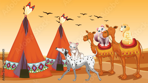 Set of different domestic animals in desert