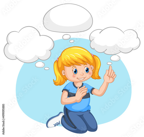 A kid with speech bubble templates on white background