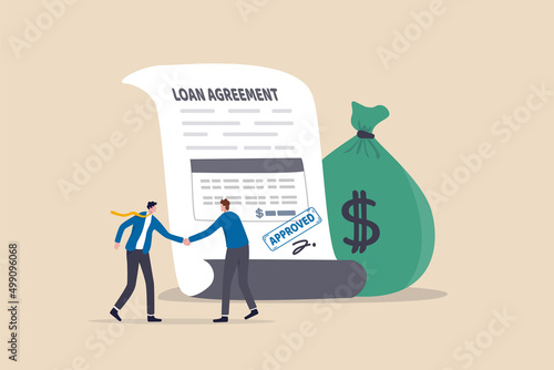 Loan agreement borrow money from bank, mortgage, debt or obligation to pay back interest rate, personal loan or financial support concept, businessman shaking hand with loan agreement and money bag.